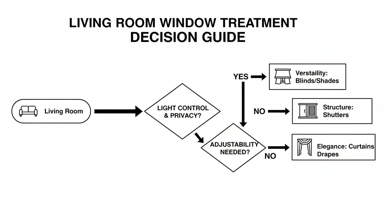 Flowchart guiding the selection of living room window treatments based on light control, privacy, and adjustability.