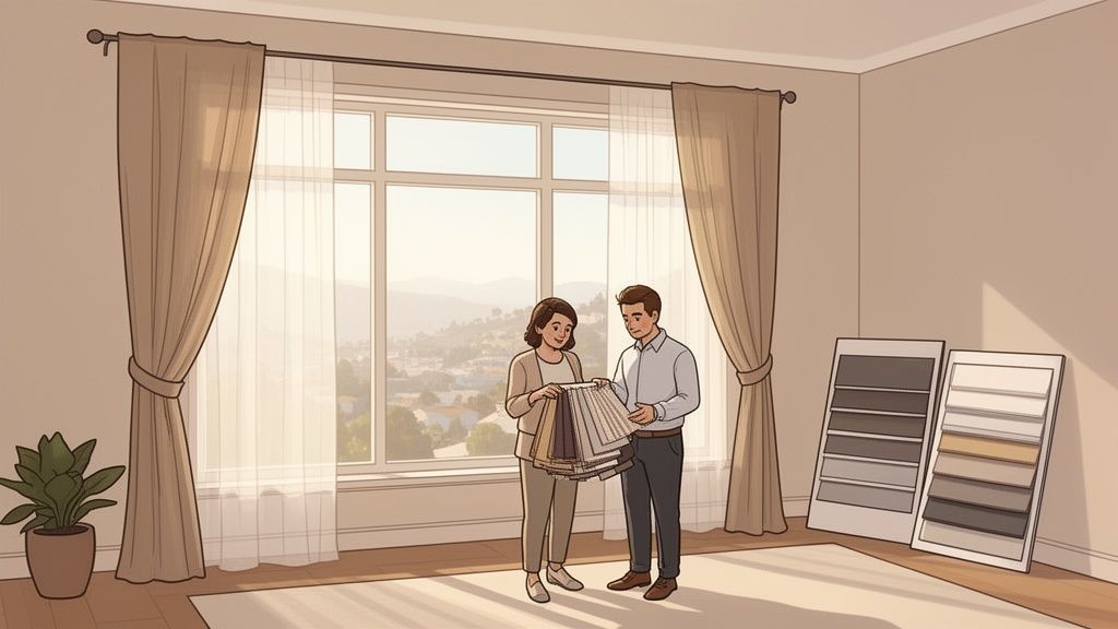 A couple in a living room looking at fabric samples for window treatments by a large window.