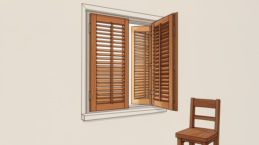 A stylized illustration of a window with open wooden louvered shutters and a wooden chair.