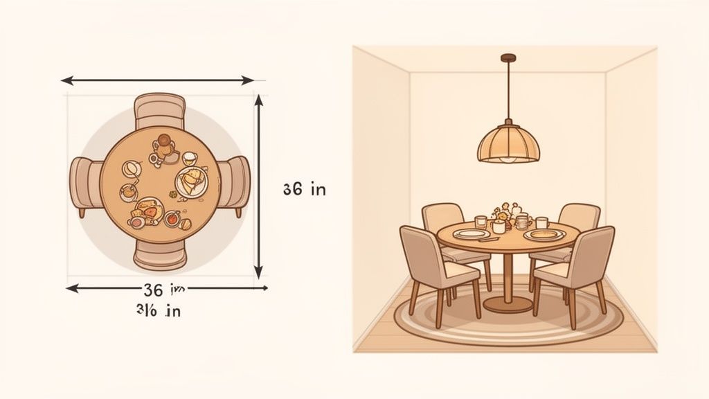 Two views of a cozy round dining table with four chairs, set for breakfast, showing dimensions.