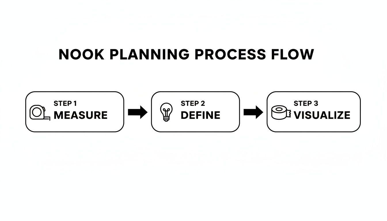 A three-step planning process flow for nook design, including measure, define, and visualize.