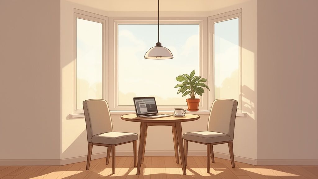 A cozy breakfast nook with a round table, two chairs, a laptop, coffee, and a plant bathed in sunlight.