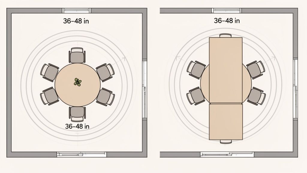 Two top-down dining room layouts: one with a circular table, the other with a rectangular table showing 36-48 inch clearances.