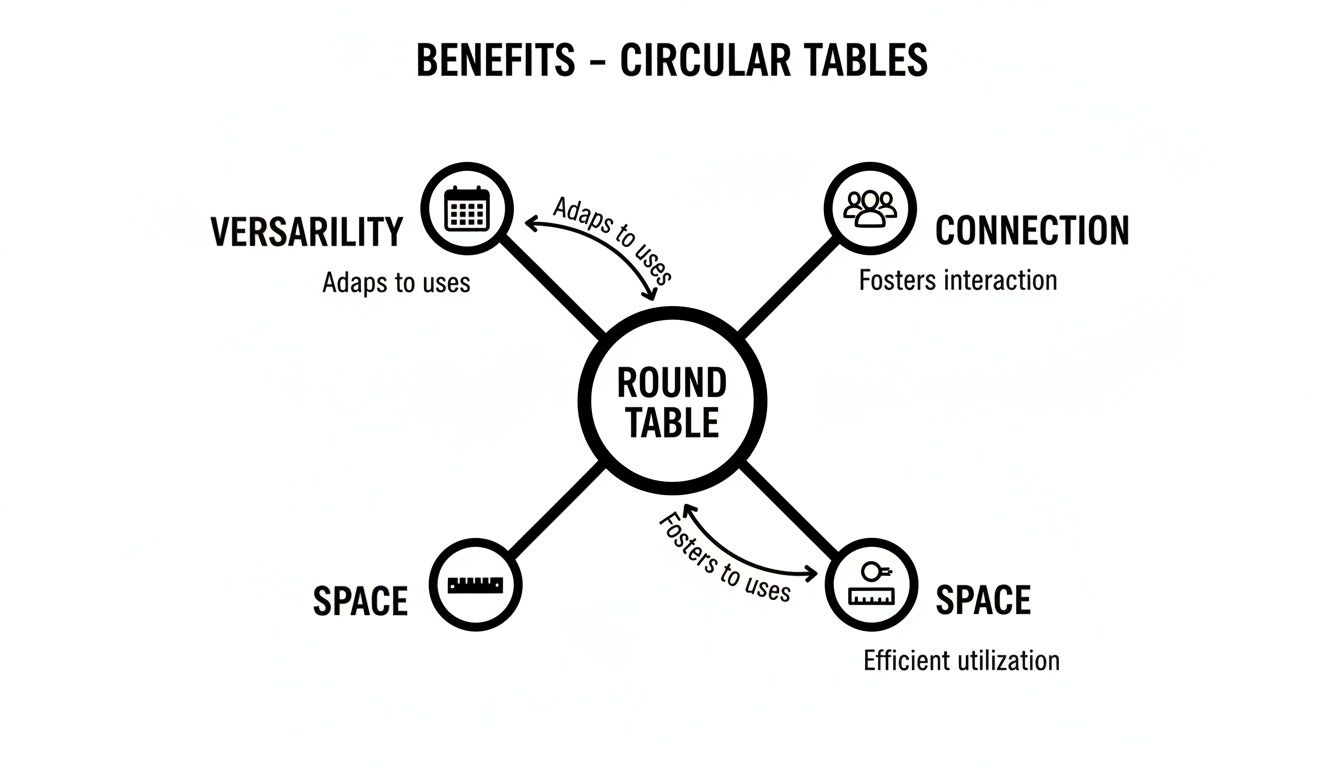 A diagram illustrates the benefits of round tables, highlighting versatility, connection, and efficient space utilization.