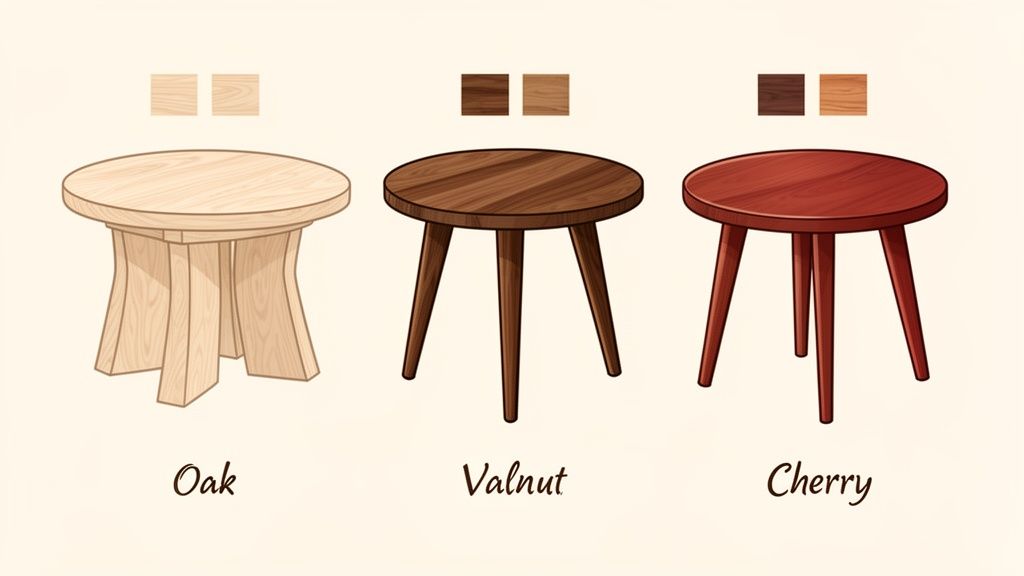 Illustration of three wooden circular tables in oak, walnut, and cherry finishes with color swatches.