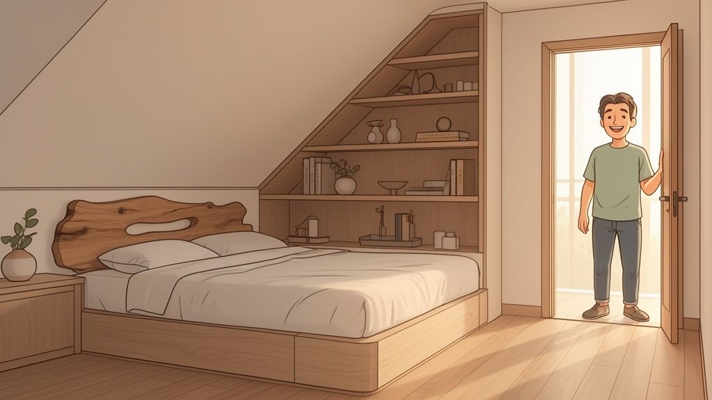 A man smiles in the doorway of a cozy custom-made bedroom with a unique wooden bed and built-in shelves.