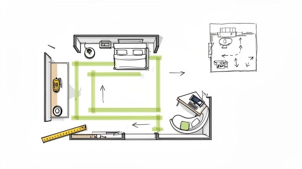 A detailed top-down sketch of a bedroom layout with a bed, desk, and wardrobe, showing a highlighted path for furniture arrangement.