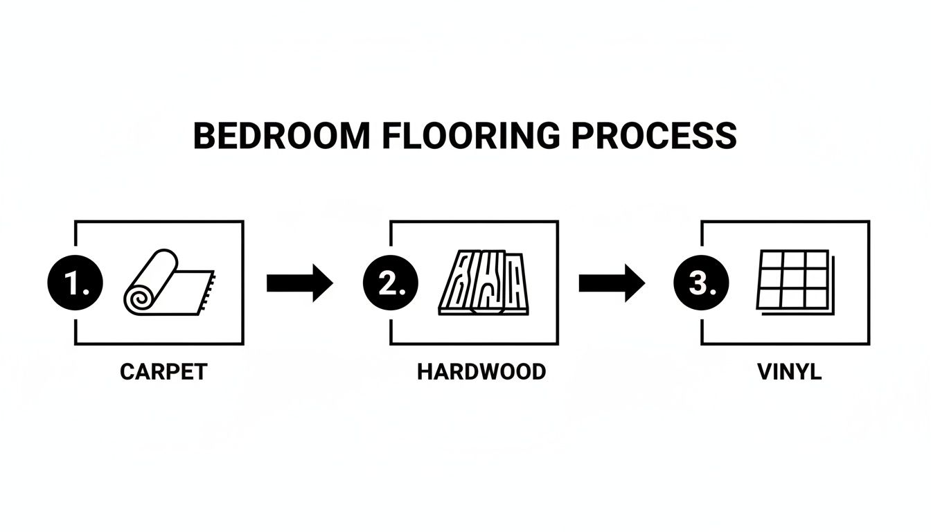A three-step infographic showing the bedroom flooring process: carpet, hardwood, and vinyl options.