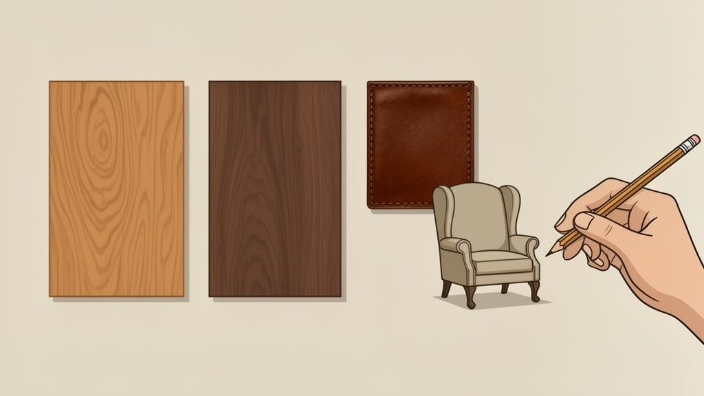 A hand drawing a chair amidst wood and leather samples, suggesting interior design planning.