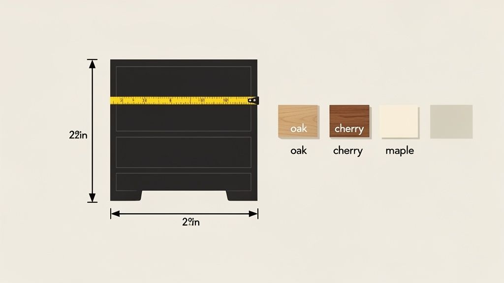 A black three-drawer hall chest with 22-inch height and width dimensions, next to oak, cherry, and maple wood samples.