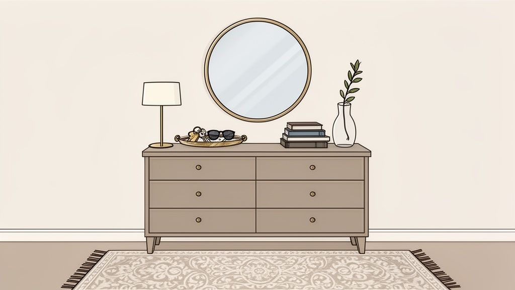 A neutral-toned dresser with a round mirror, lamp, books, and decorative tray of keys and sunglasses.