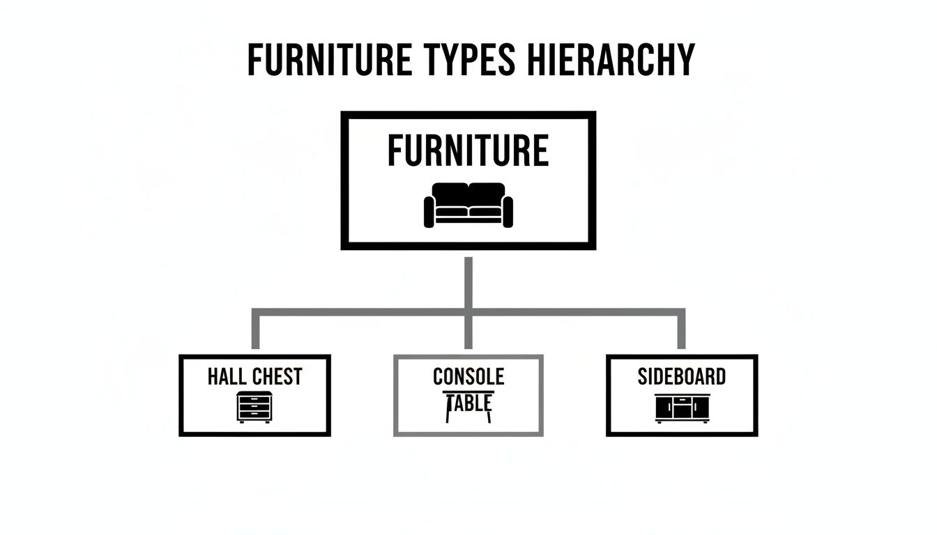 A black and white hierarchy chart displaying furniture types: Hall Chest, Console Table, and Sideboard.