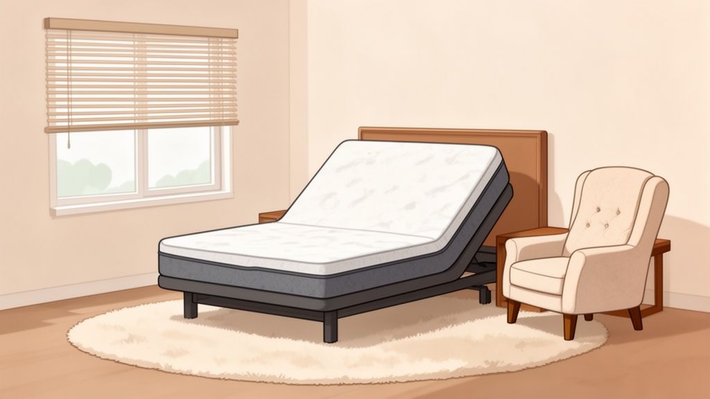 A cozy bedroom featuring an adjustable mattress bed, a window with blinds, and a comfortable armchair with a side table, all resting on a round rug.