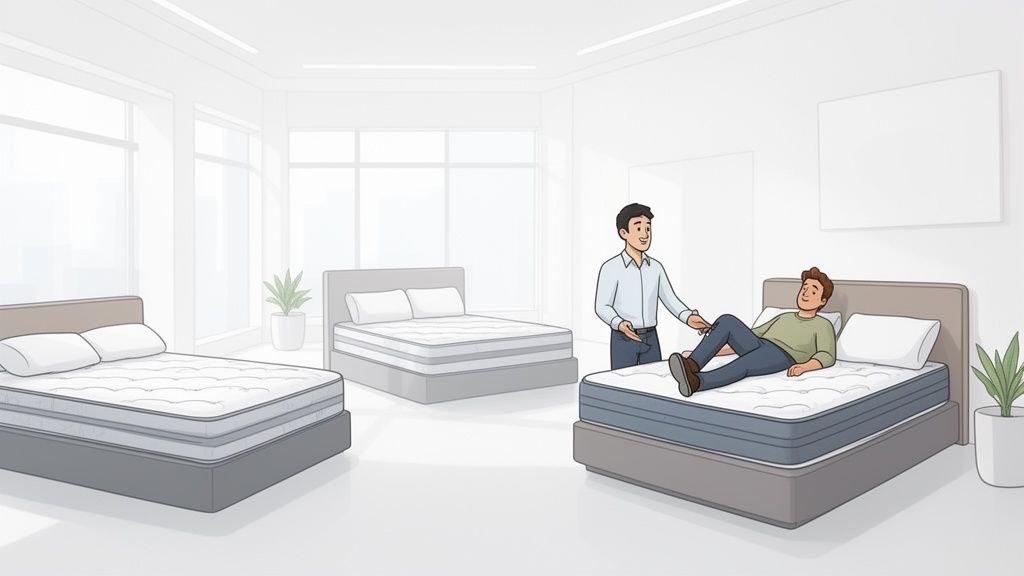 A customer lies on a mattress in a showroom while a salesperson stands next to him.
