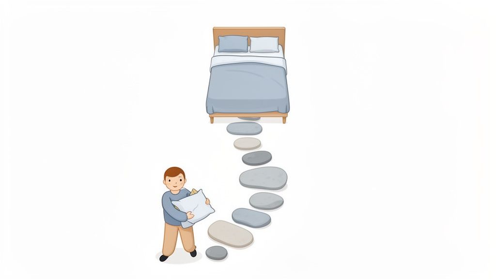 A cartoon boy holding a pillow follows a path of stepping stones to a comfortable bed.
