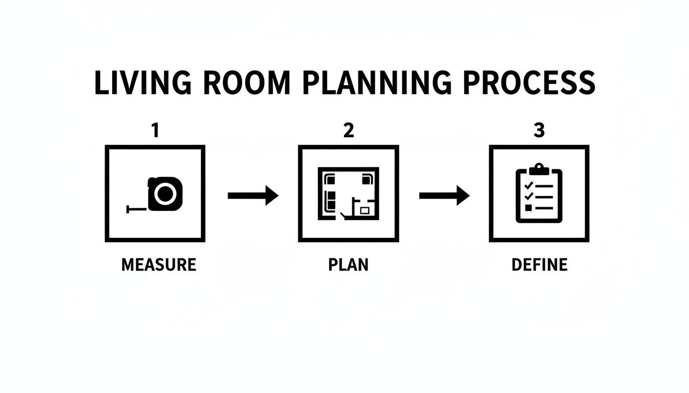 A black and white infographic illustrates the living room planning process with three steps: measure, plan, and define.
