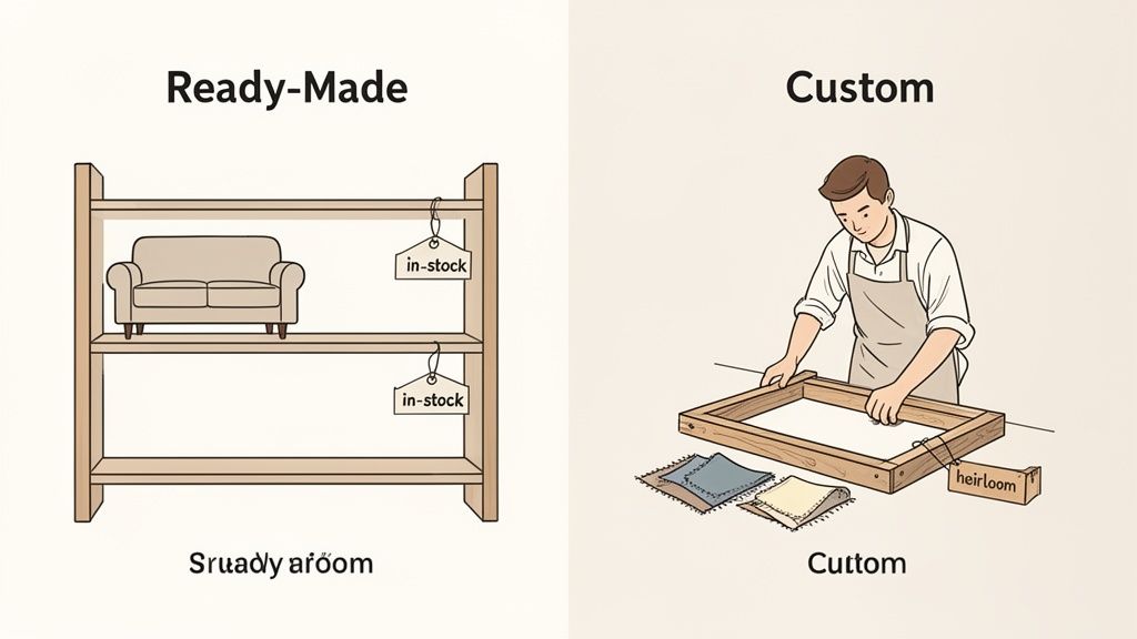 Illustration comparing ready-made furniture options like an in-stock sofa, with custom-made heirloom pieces crafted by an artisan.