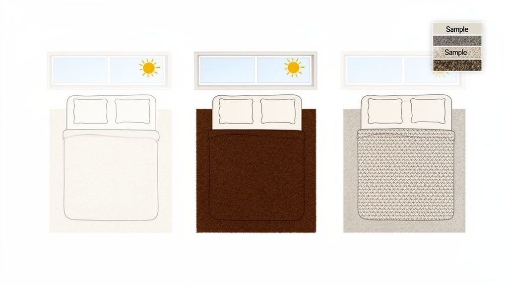 Overhead view of three bedroom layouts demonstrating various rug and bedding styles with windows.