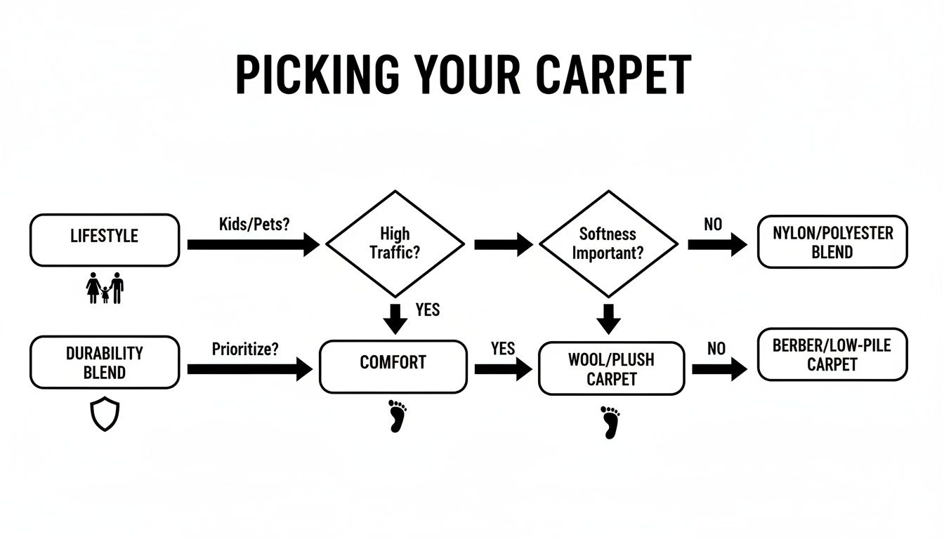 Flowchart guiding carpet selection based on lifestyle, traffic, and softness preferences.