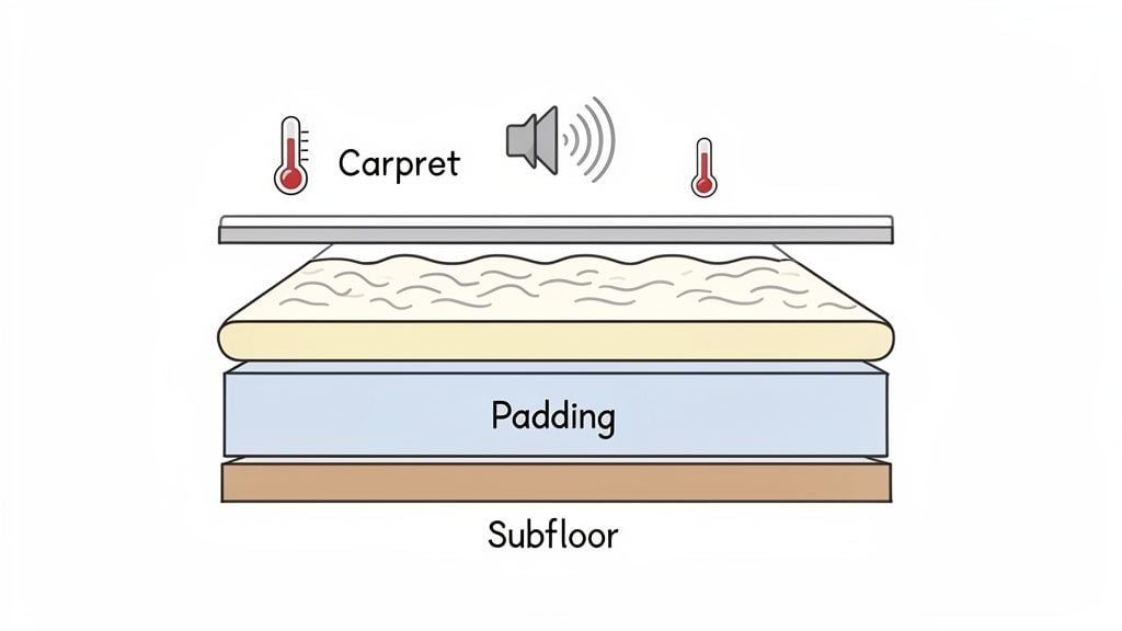 Floor cross-section illustrating carpet, padding, and subfloor layers, with temperature and sound insulation symbols.