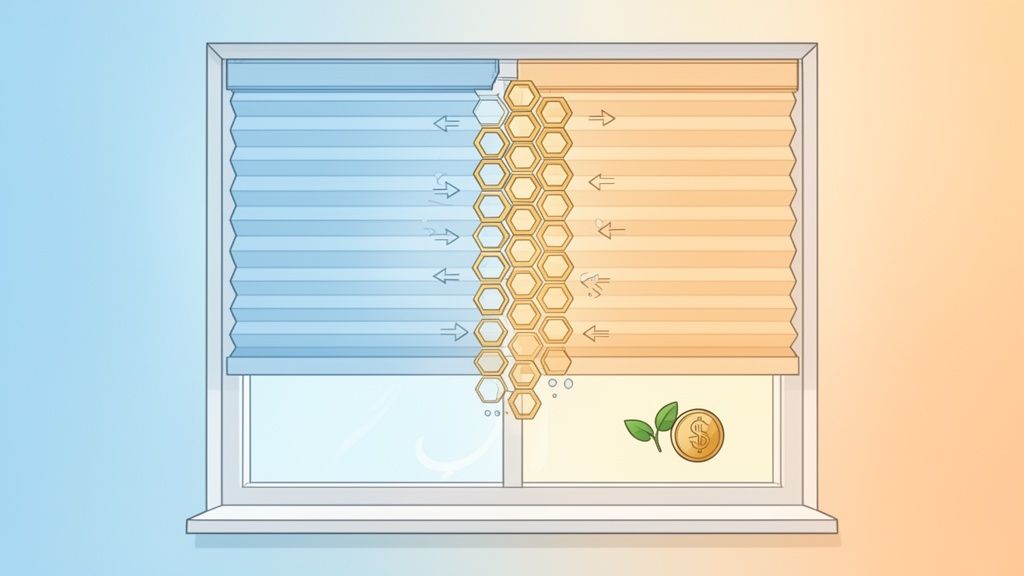 Illustration of honeycomb cellular shades demonstrating thermal insulation for energy efficiency and cost savings.