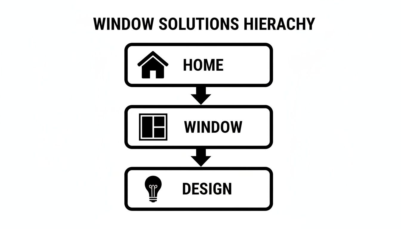 A hierarchy diagram illustrating window solutions from home, to window, to design.