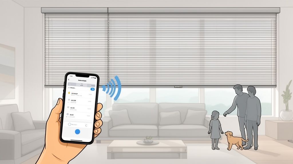 A hand holds a smartphone, controlling smart blinds in a modern living room with a family and dog.