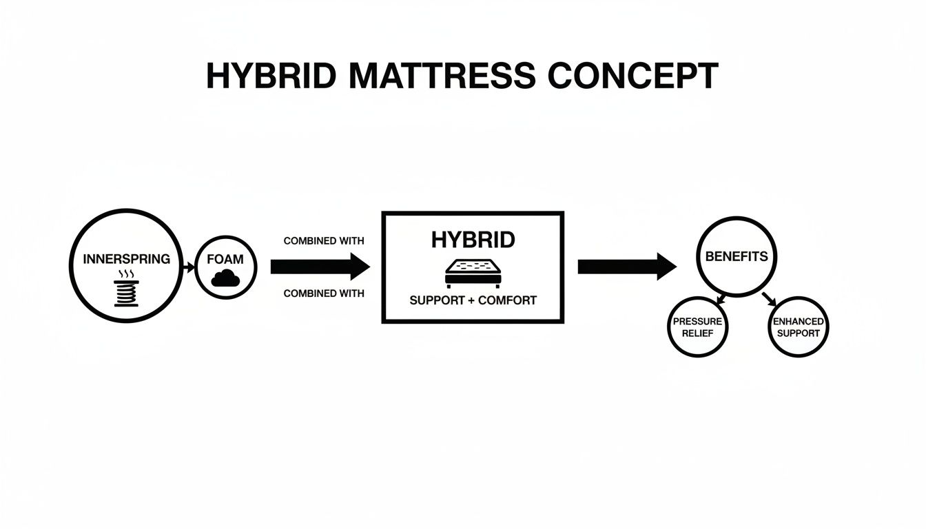 Flowchart illustrating a hybrid mattress concept, combining innerspring and foam for enhanced support and pressure relief.