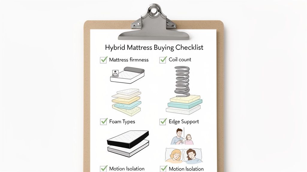 A hybrid mattress buying checklist on a clipboard, showing factors like firmness, coils, foam, and motion isolation.