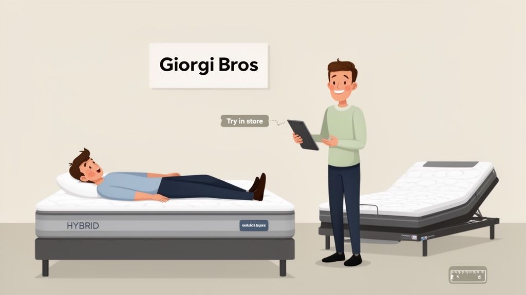 Two men in a mattress store, one testing a hybrid mattress, the other holding a tablet next to an adjustable bed.