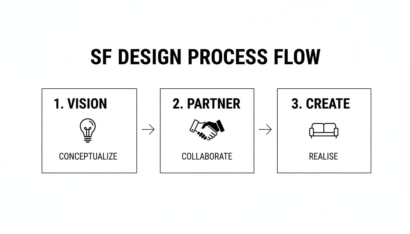 A three-step SF design process flow: Vision (conceptualize), Partner (collaborate), Create (realise).