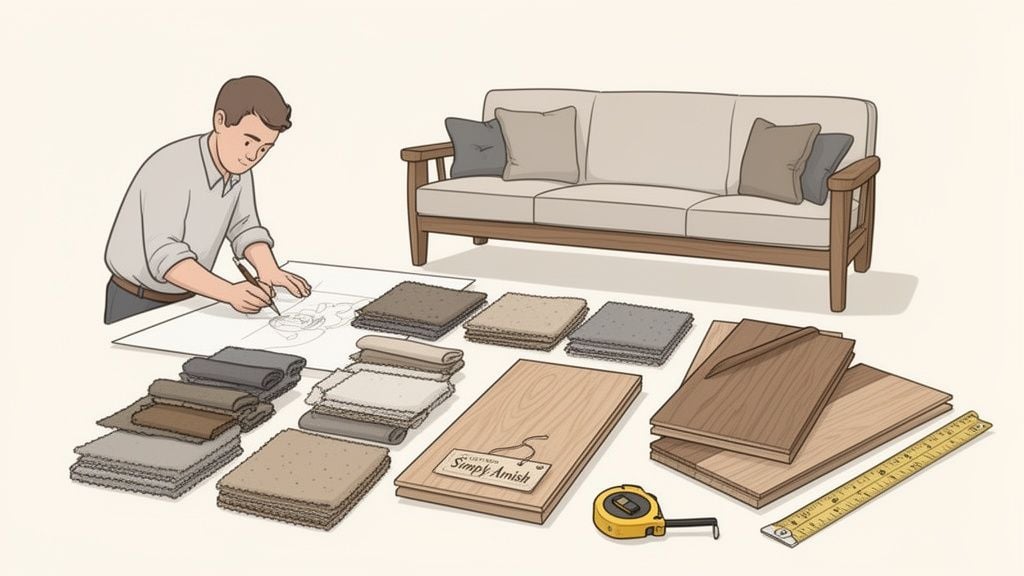 A man sketches furniture designs surrounded by wood samples, fabric swatches, tools, and a wooden sofa.