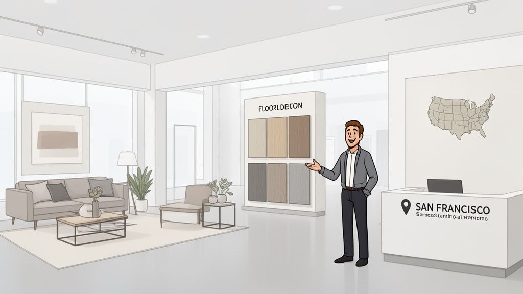 A cartoon man gestures in a bright interior design showroom displaying flooring samples, furniture, and a San Francisco desk.