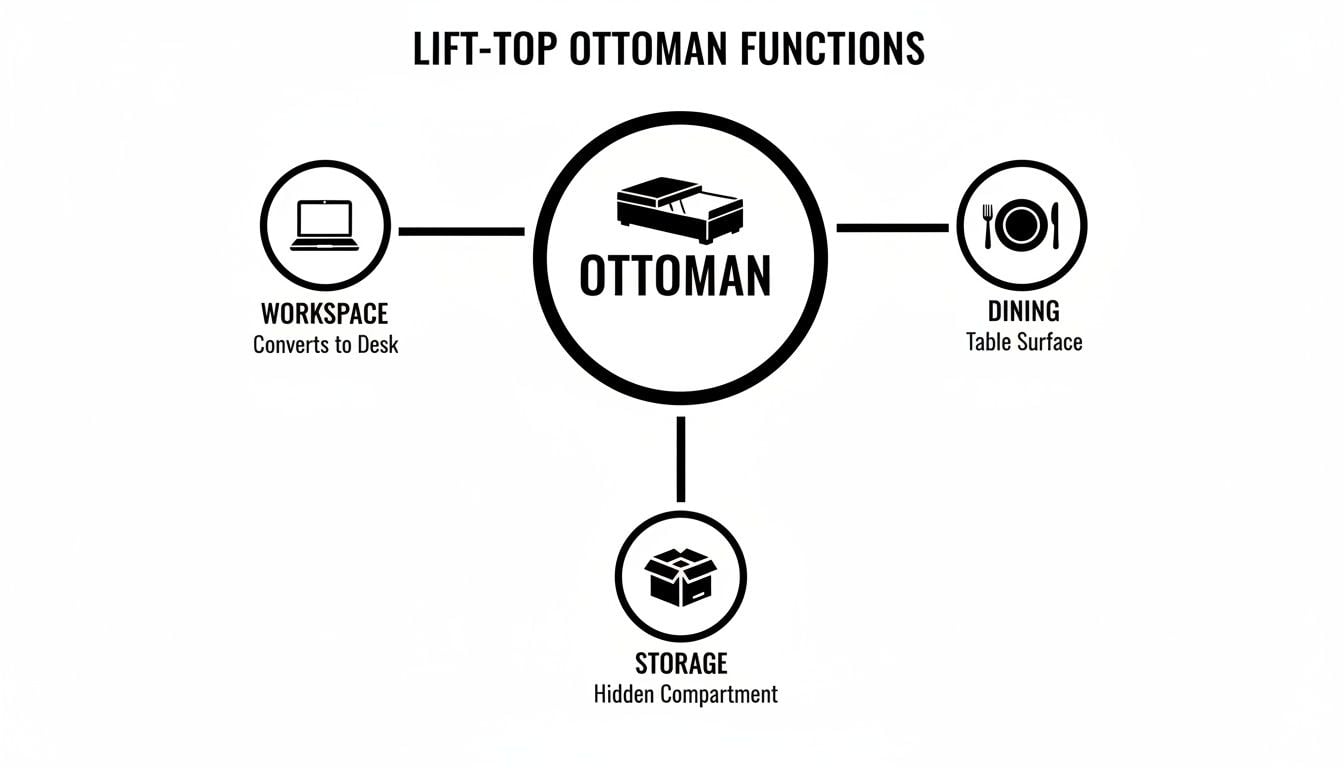 A diagram illustrating the multi-functions of a lift-top ottoman, including workspace, dining, and storage.