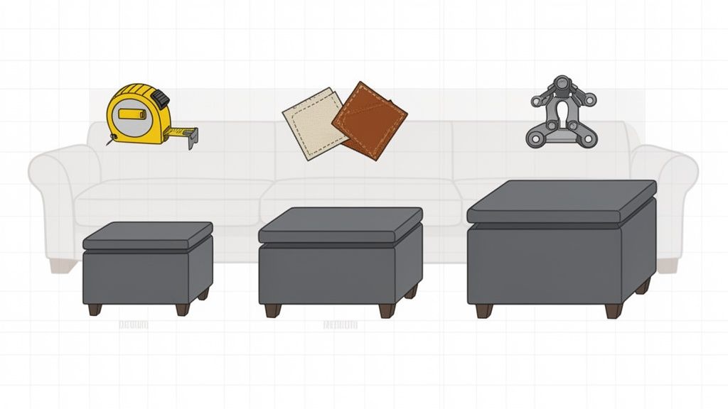 Three grey lift-top ottomans of varying sizes, with fabric swatches, a tape measure, and hardware.