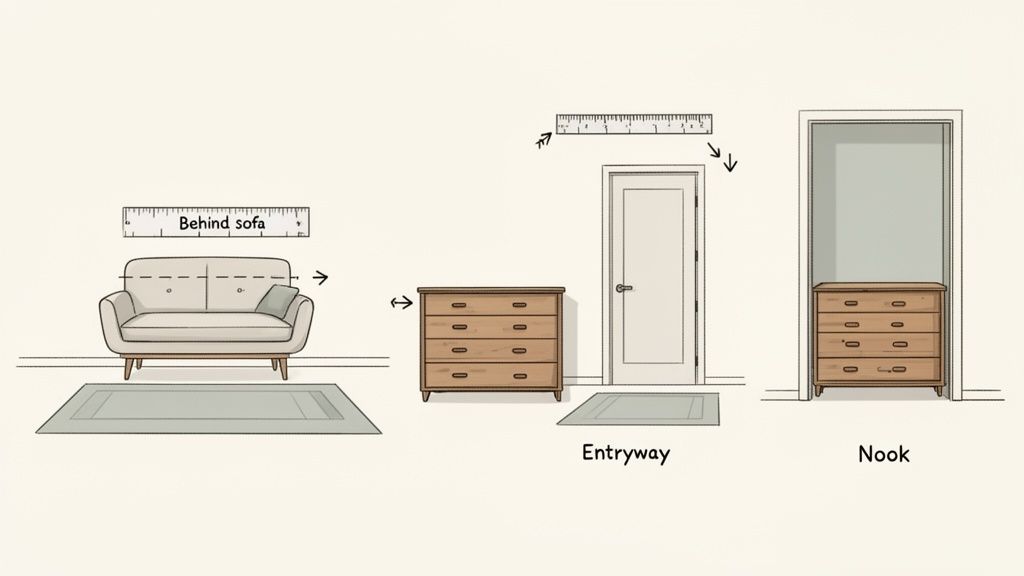 Illustration demonstrating space measurement for a sofa, dresser in an entryway, and a dresser fitting a nook.