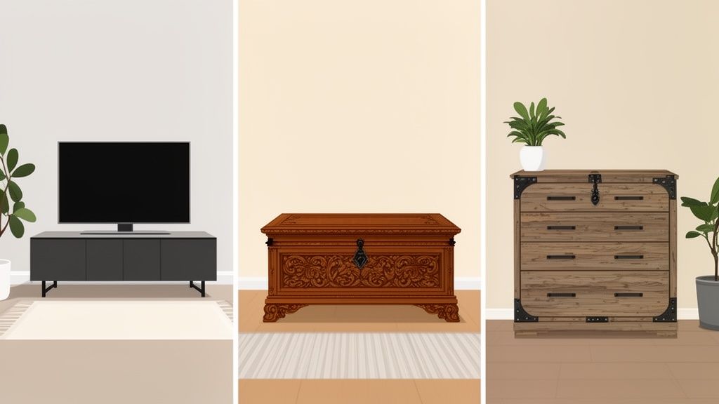 Three interior designs featuring a TV console, an antique carved chest, and a rustic dresser.