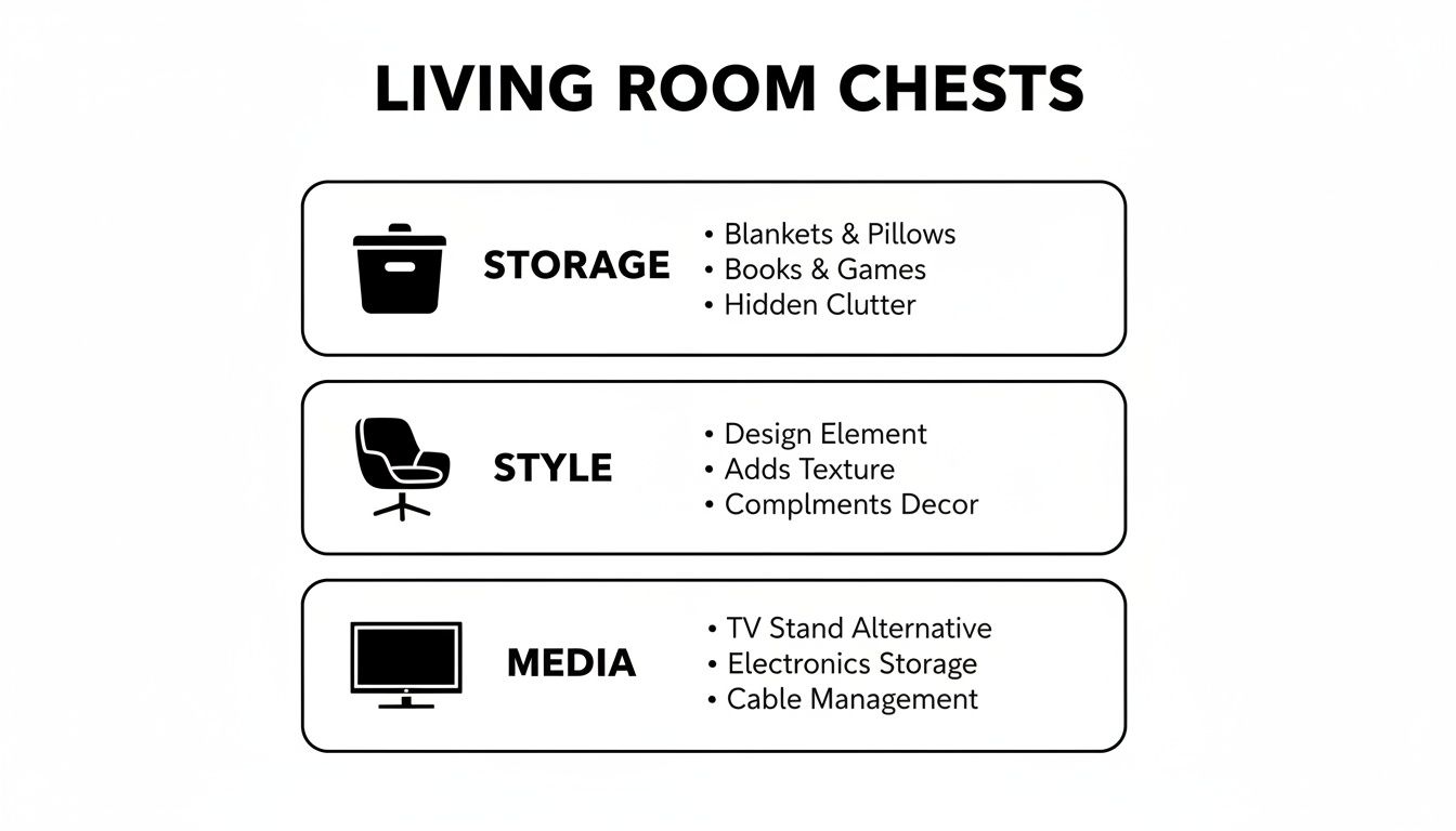 Infographic illustrating various uses for living room chests, including storage, style, and media.