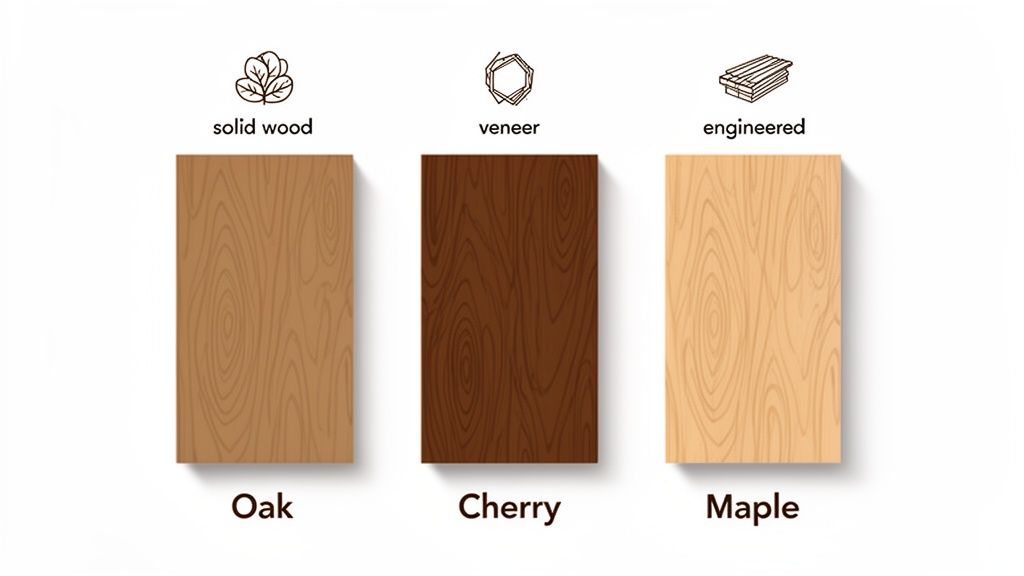 Visual comparison of three wood types: solid oak, cherry veneer, and engineered maple.
