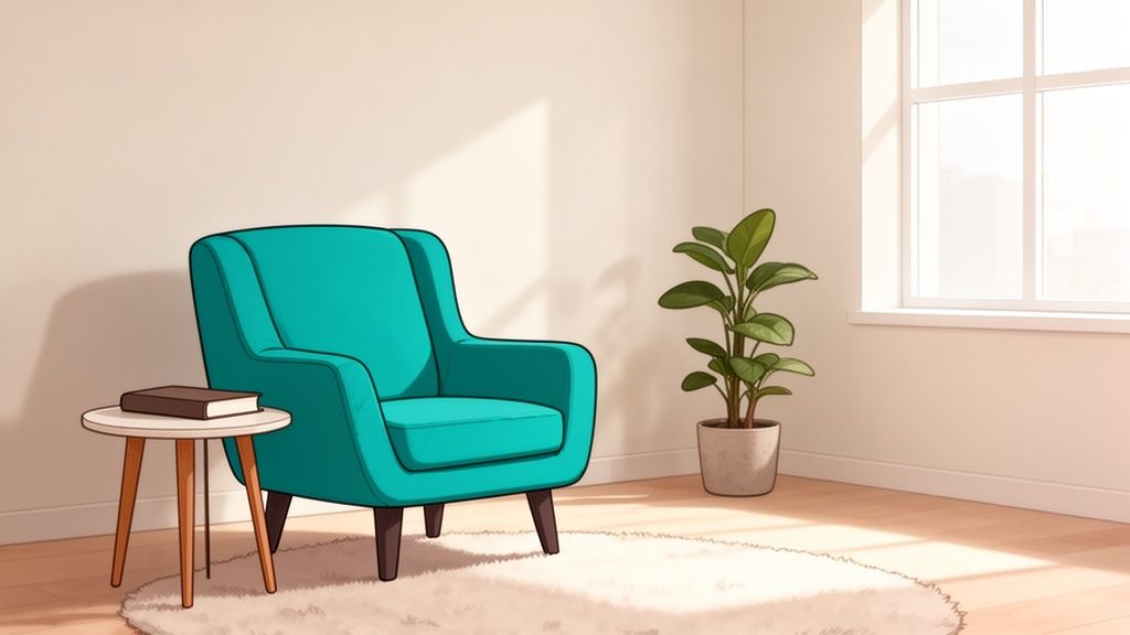 A bright living room featuring a teal accent chair, side table with a book, and a potted plant.