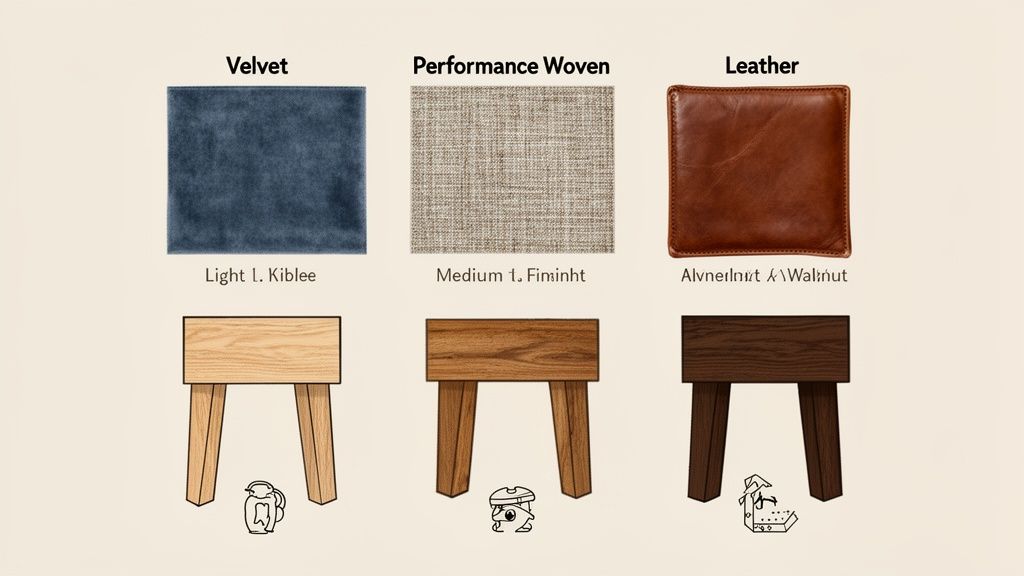 Fabric and wood finish samples: blue velvet, woven, brown leather, and light, medium, dark wood.