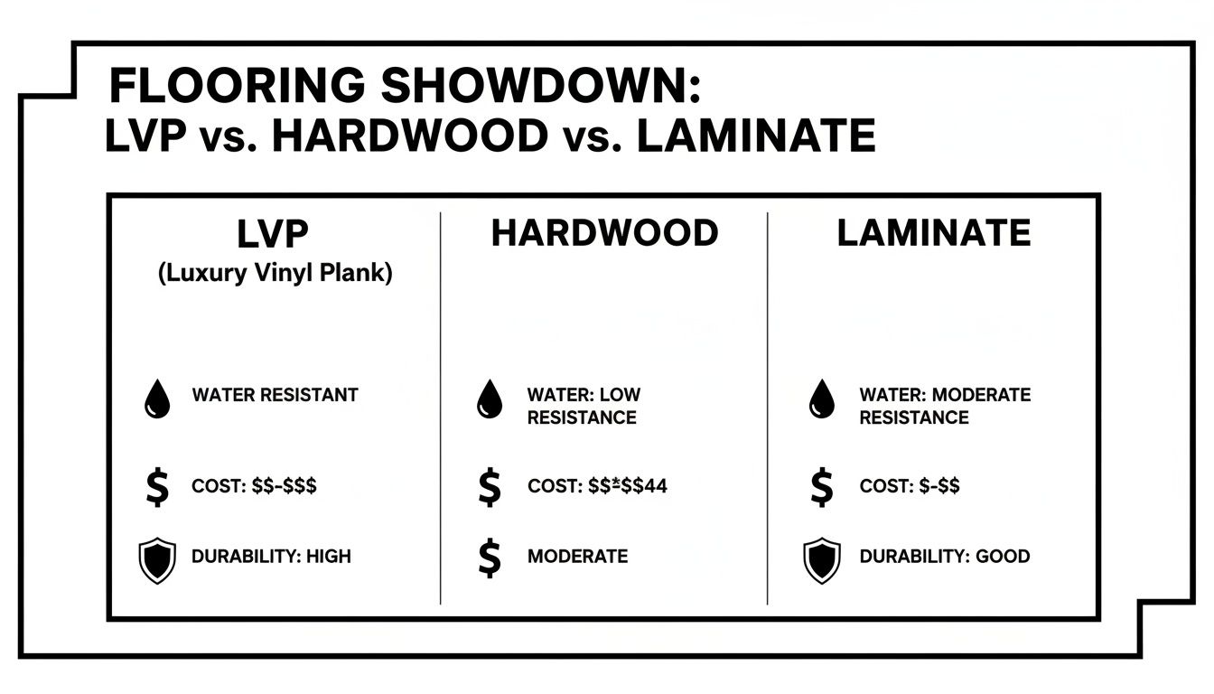 A comparison chart of LVP, hardwood, and laminate flooring by water, cost, and durability.
