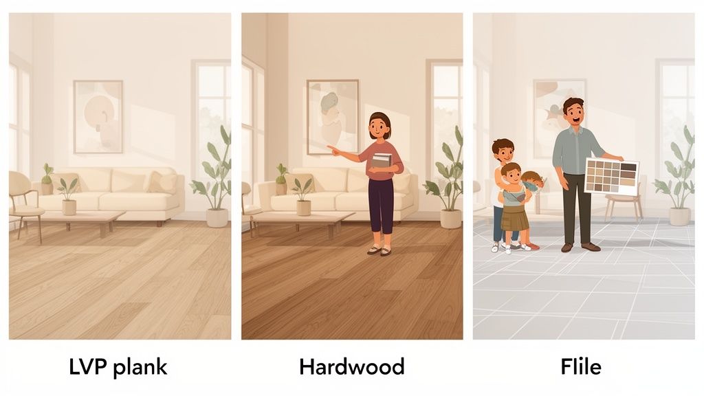 Three illustrated rooms comparing LVP plank, hardwood, and tile flooring options, with families and design elements.