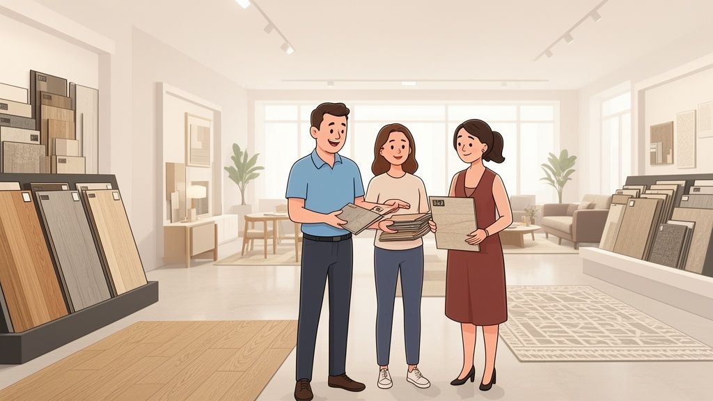 Three people in a flooring showroom examining various luxury vinyl plank flooring samples.