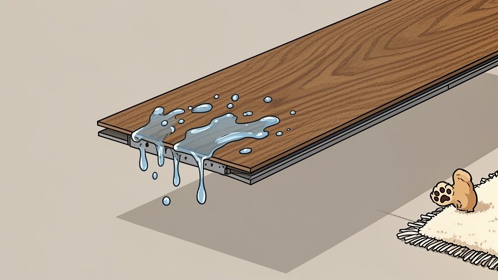 Water spills onto luxury vinyl plank flooring, demonstrating its waterproof properties near a pet toy.