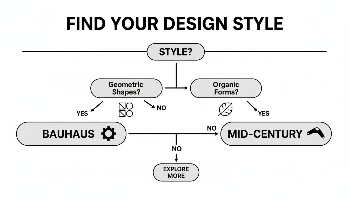A flowchart titled 'Find Your Design Style' guiding users through design preferences.