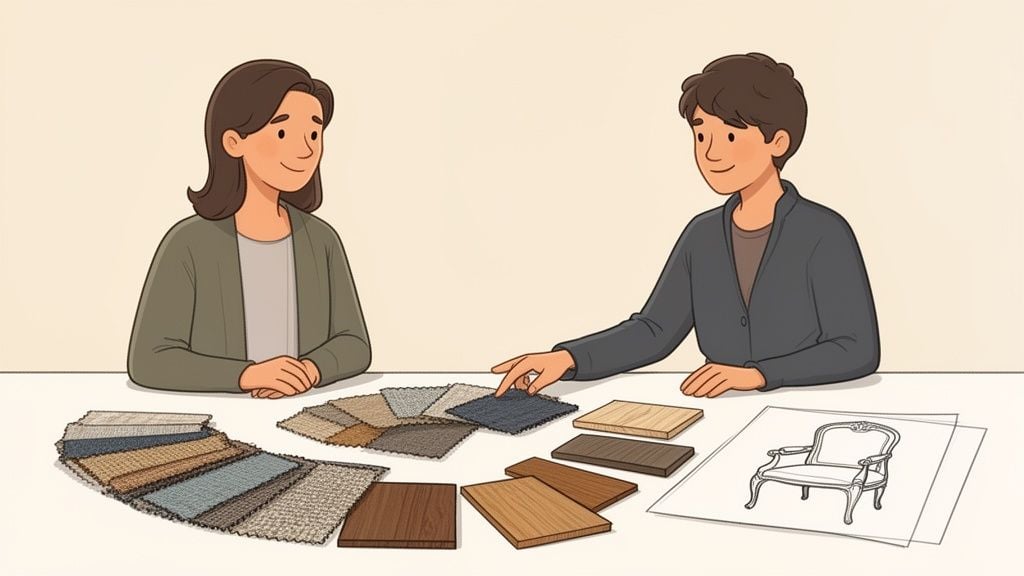 Two people selecting fabric and wood samples for furniture design, with a chair drawing.