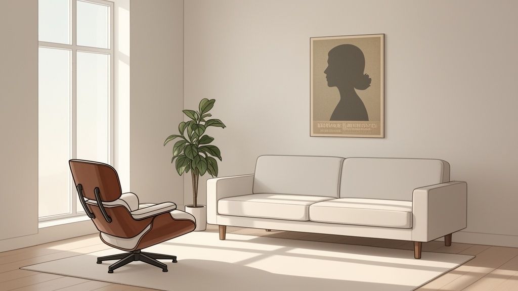 A sunlit modern room features a brown lounge chair, white sofa, green plant, and silhouette art.