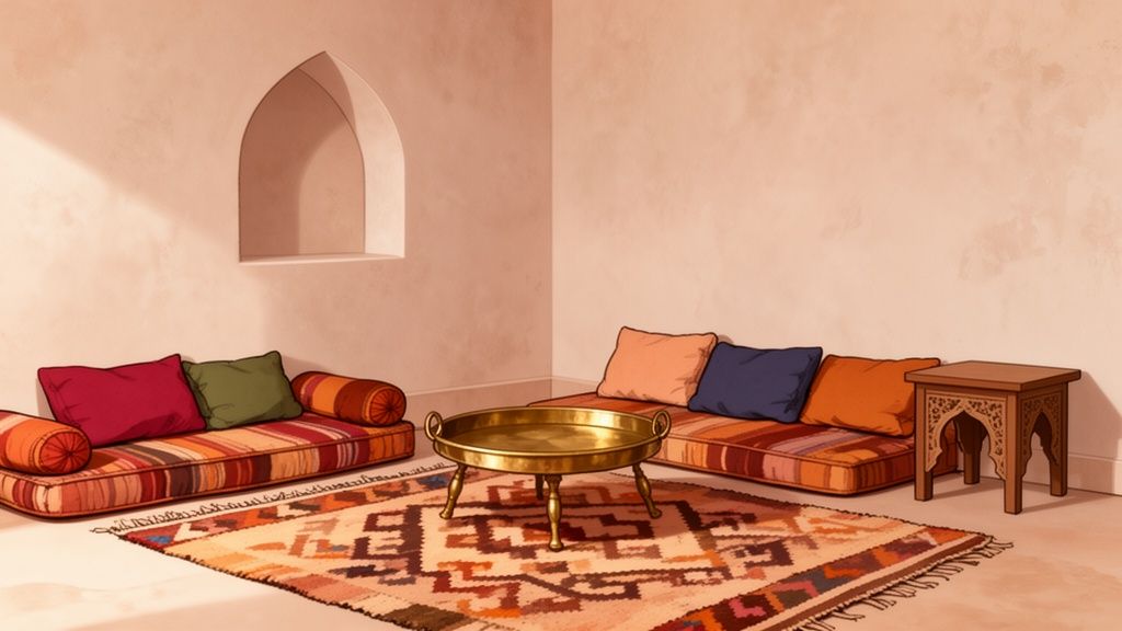 A warm and inviting Moroccan-style living room with colorful floor cushions, a brass tray table, and a patterned rug.