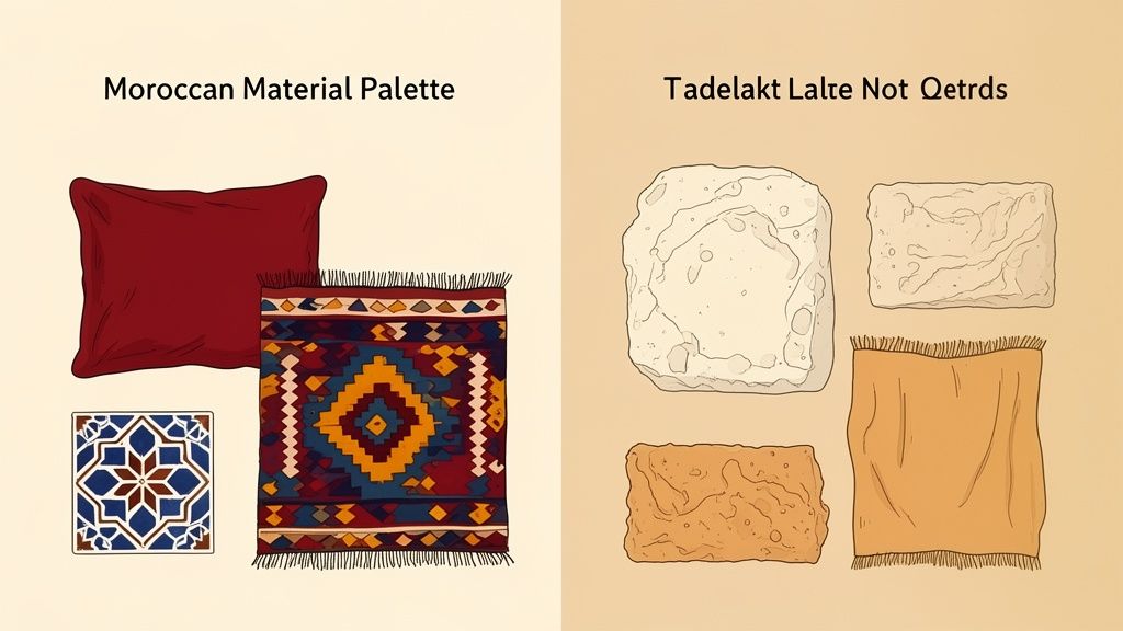 Moroccan material palette displaying a red pillow, patterned rug, decorative tile, and Tadelakt plaster swatches.